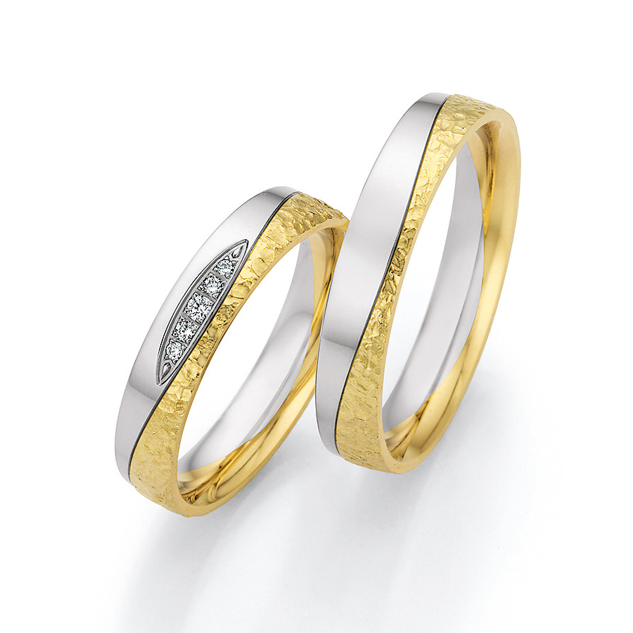 Bi-colore Eheringe, Gelbgold 585 und Platin, hammerschlag & poliert, mehrere Diamanten 8276
