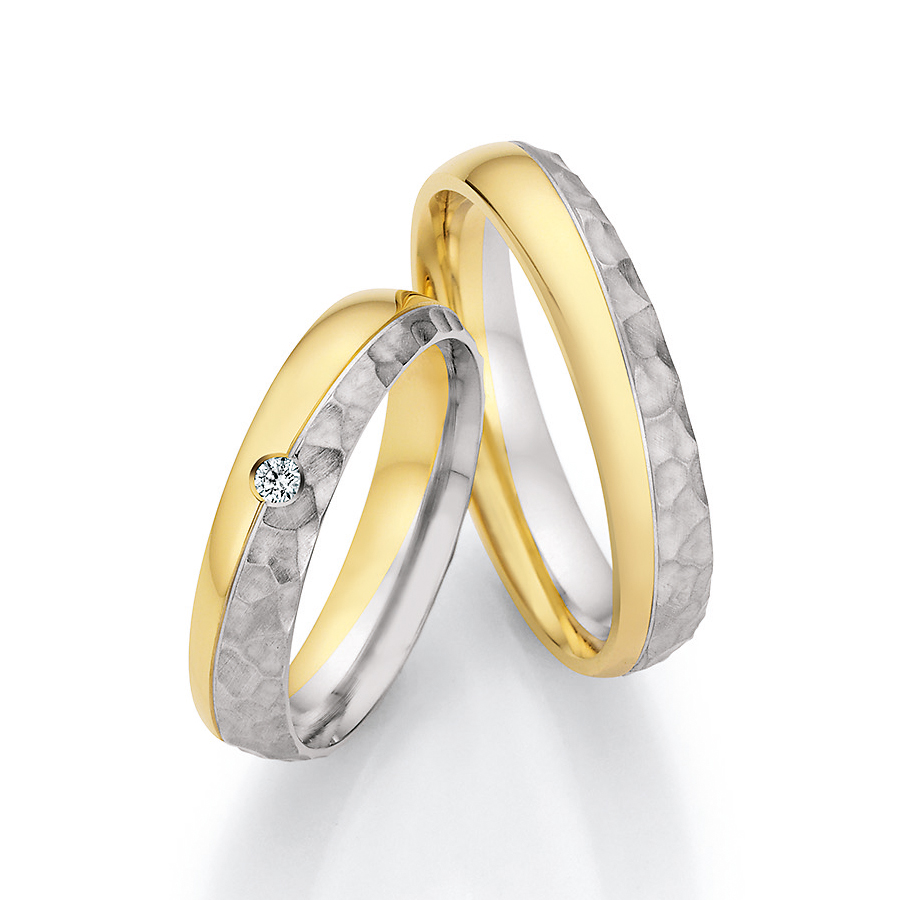 Bi-colore Eheringe, Gelbgold 585, Platin, Hammerschlag, Poliert, Diamanten 8273