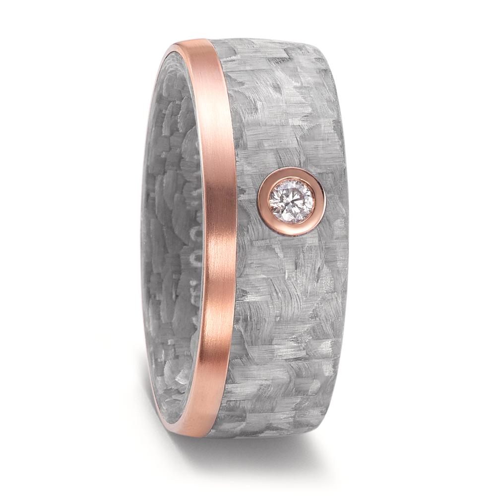 Aufnahme von Trauringen aus grauem Carbon & Rotgold und weißem Diamanten