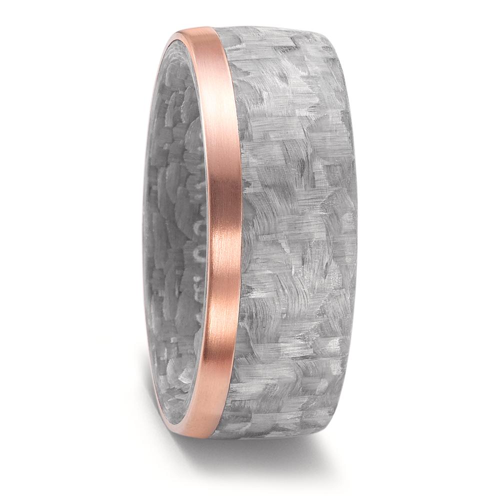 Aufnahme von Trauringen aus grauem Carbon & Rotgold und weißem Diamanten
