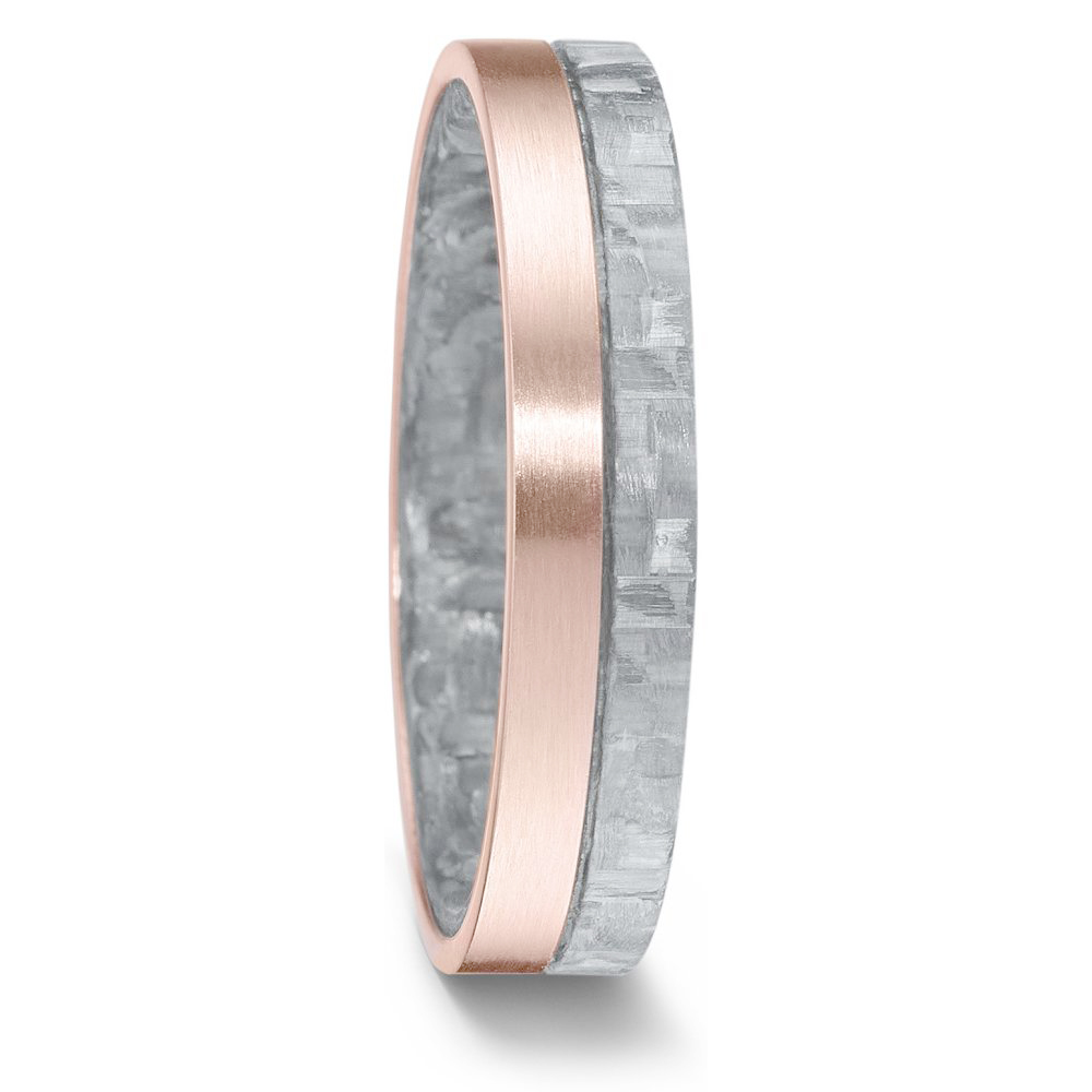 Frontale Aufnahme von schmalen bicoloren Trauringe aus grauem Carbon & Roségold