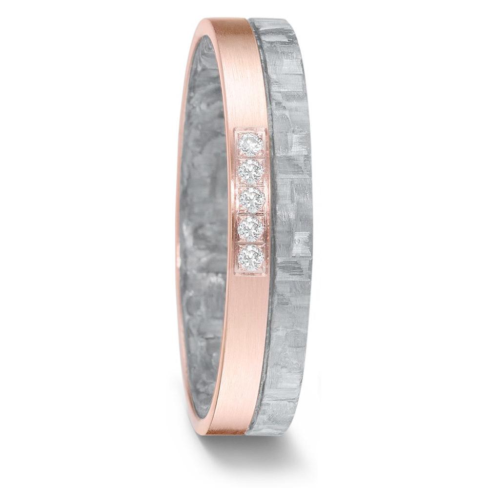 Frontale Aufnahme von schmalen bicoloren Trauringe aus grauem Carbon & Roségold mit 5 Diamanten