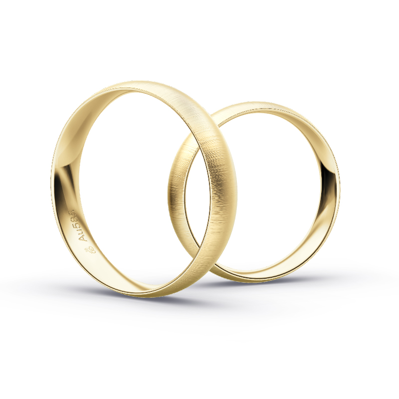 Aufnahme von Eheringen aus Gelbgold mit Diamanten und Querbürstung in 4,5 mm Breite