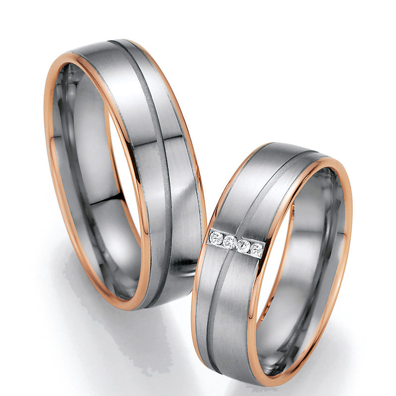 Moderne Palladium 500&Roségold Eheringe mit 4 Diamanten und Rillen 9726822