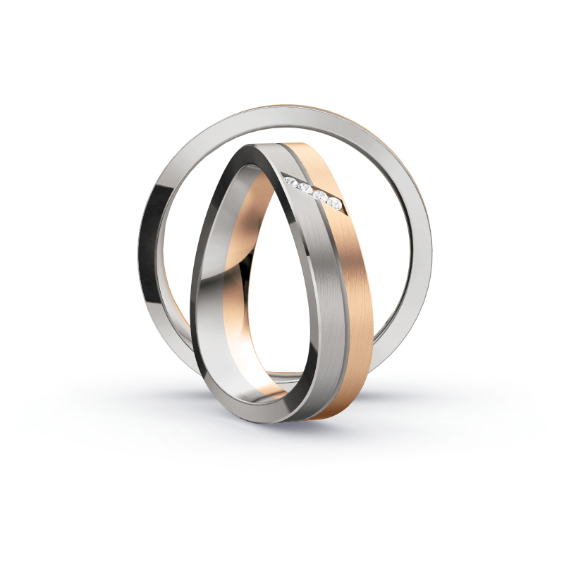 Aufnahme von Eheringen aus Rosègold & Palladium 500 bicolor längsmattiert mit vier Diamanten 