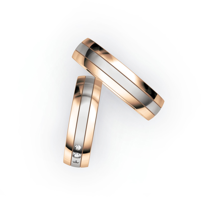 Aufnahme von Eheringen aus Palladium 500 & Roségold mit 3 mittig gesetzten Diamanten 