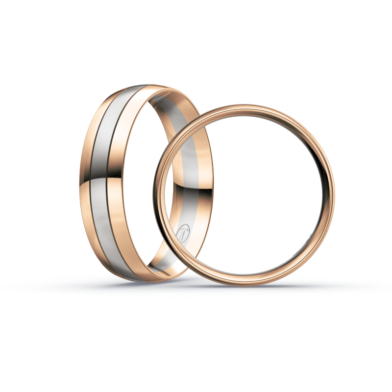 Aufnahme von Eheringen aus Palladium 500 & Roségold mit 3 mittig gesetzten Diamanten 