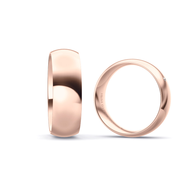 Eheringe, 7 mm breit aus poliertem Roségold mit weißem Diamanten