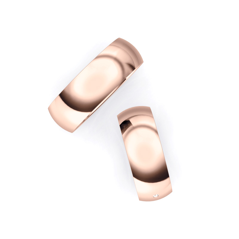 Eheringe, 7 mm breit aus poliertem Roségold mit weißem Diamanten