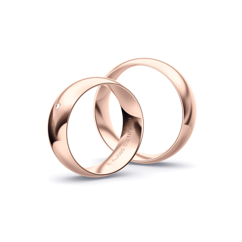 Eheringe, 7 mm breit aus poliertem Roségold mit weißem Diamanten