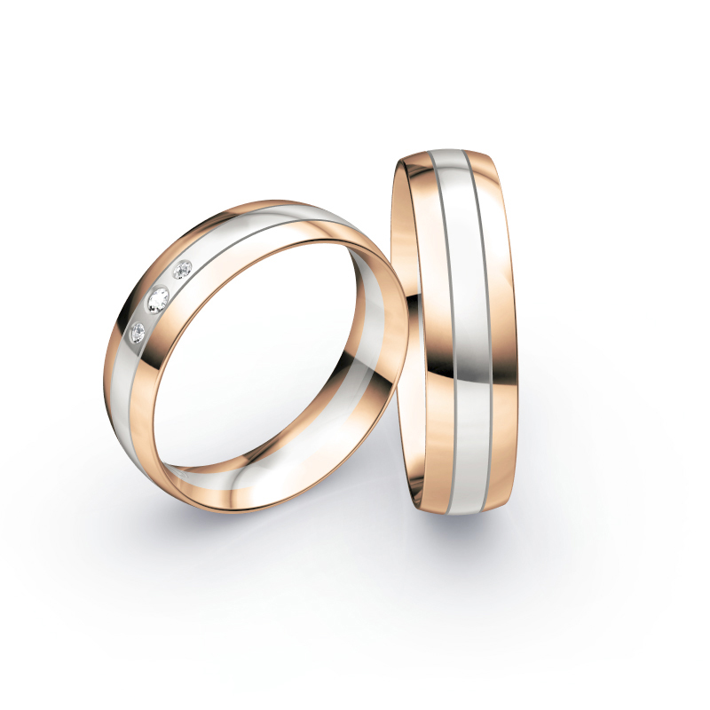 Aufnahme von Eheringen in Rotgold&Weißgold glänzend mit drei weißen Diamanten