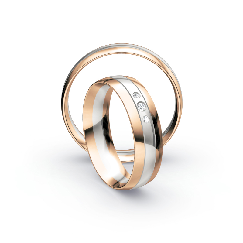 Aufnahme von Eheringen in Rotgold&Weißgold glänzend mit drei weißen Diamanten