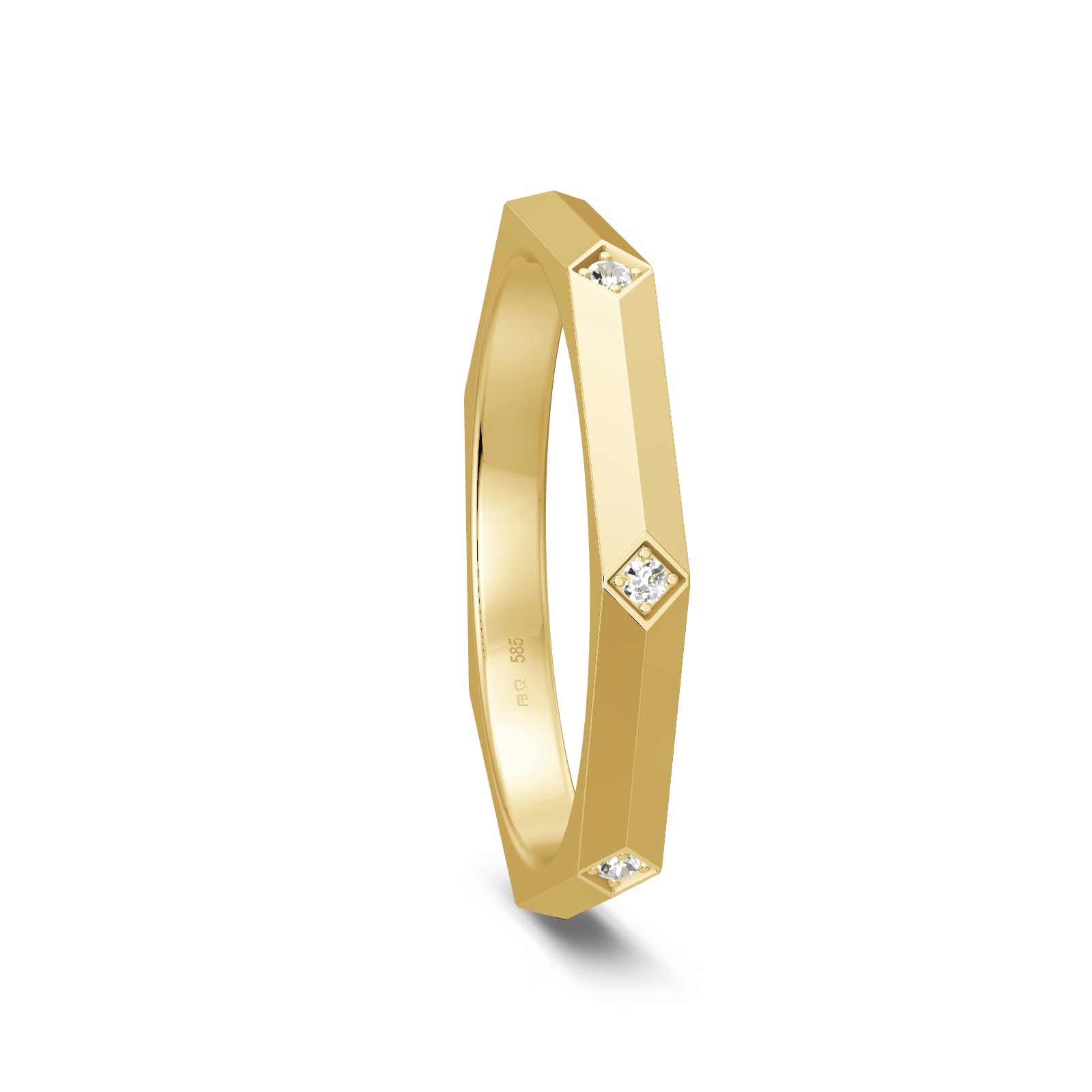 Moderner siebeneckiger Gelbgold Ehering geschmückt mit 3 weißen Diamanten
