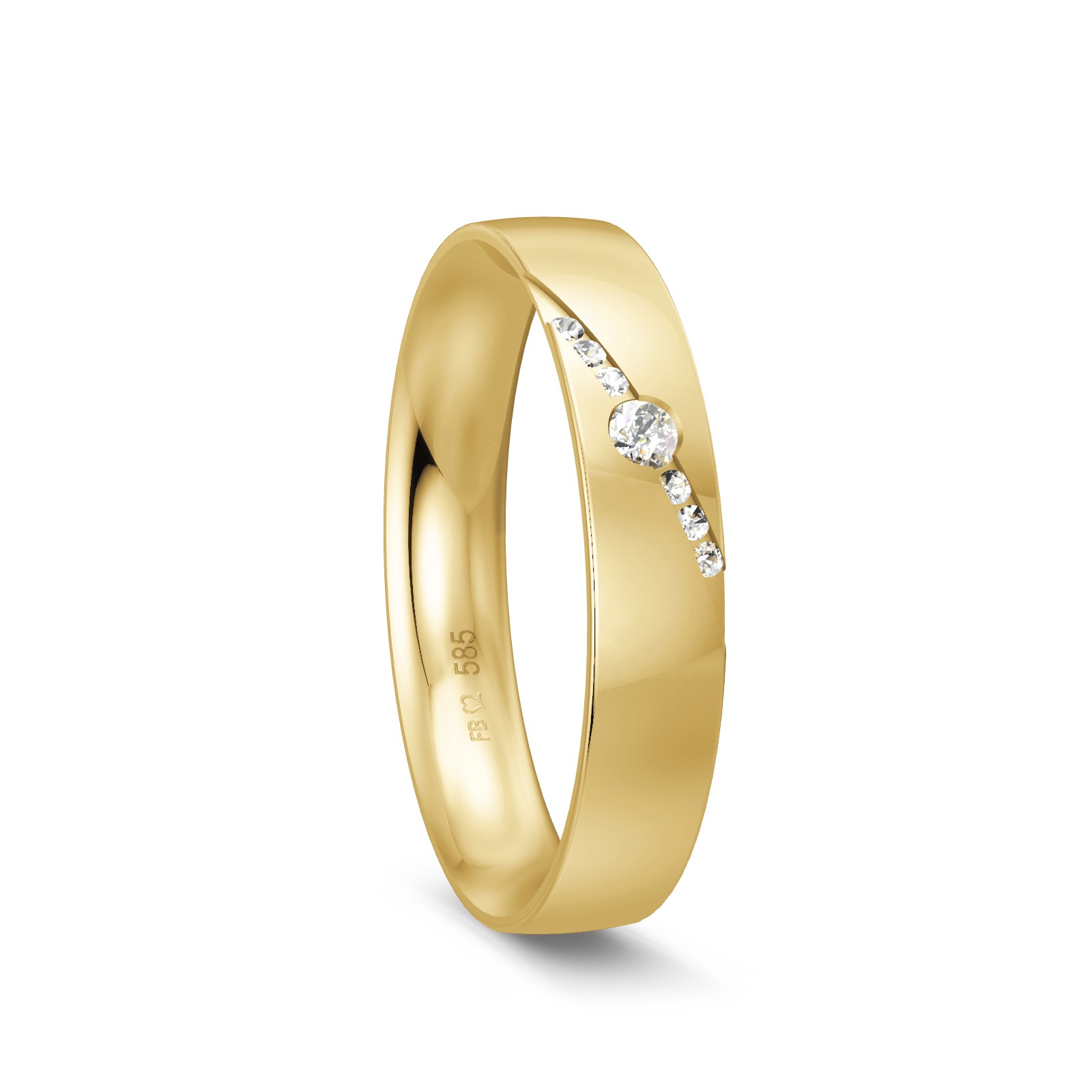 Ehering in Gelbgold mit diagonal verlaufender Diamantrille