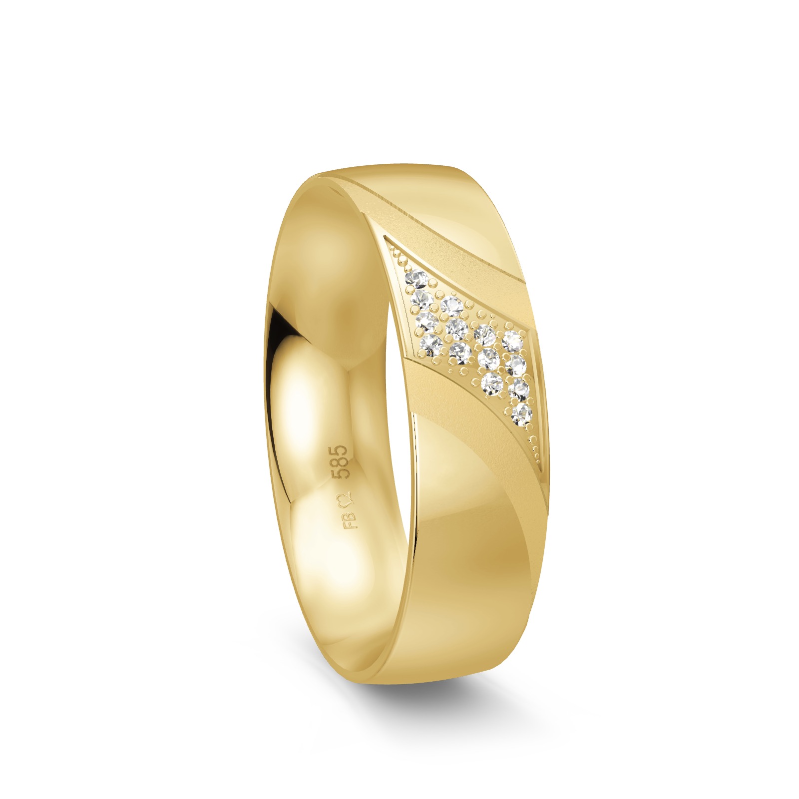 Ehering in Gelbgold mit diagonal geschwungenem Diamantstreifen