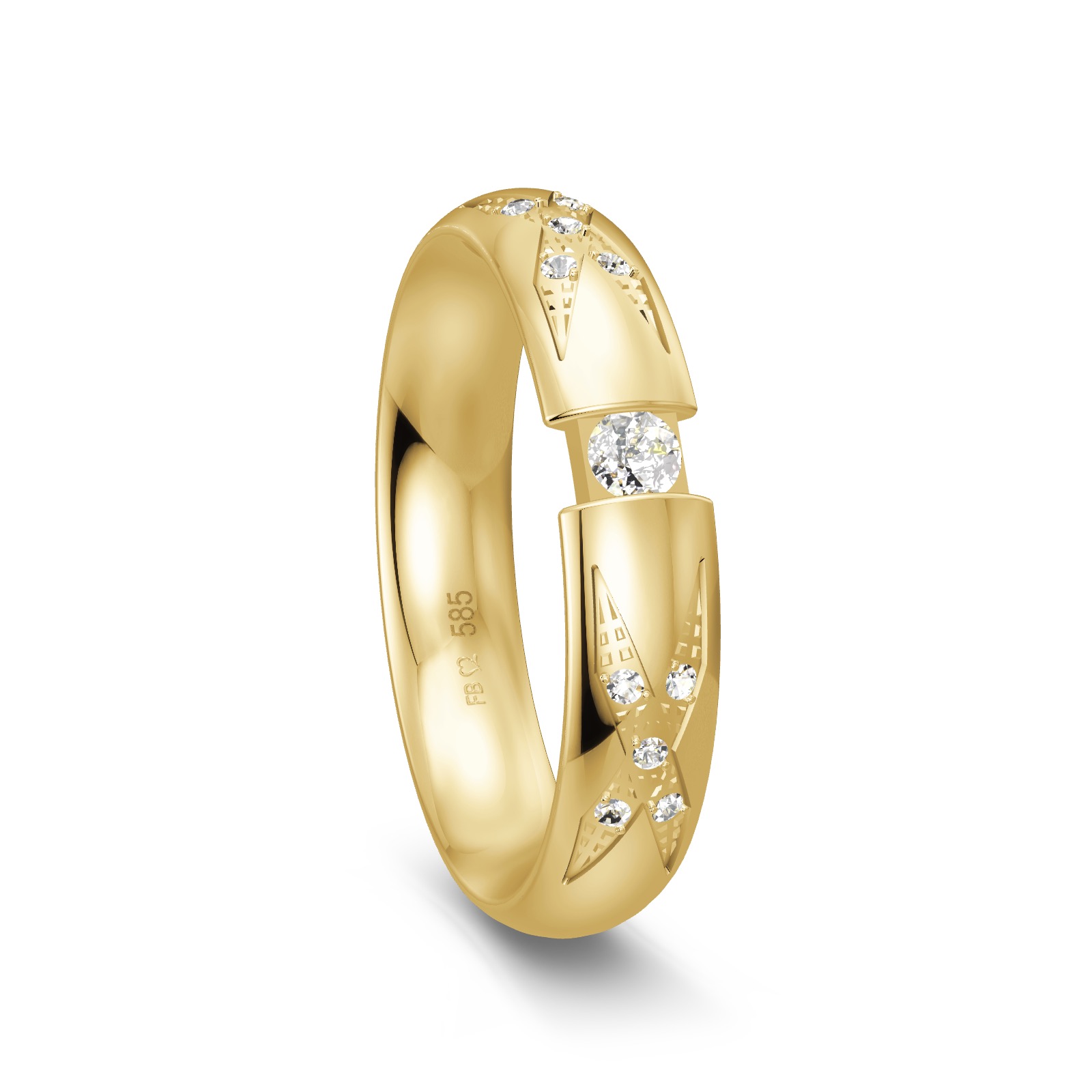 Ehering aus poliertem Gelbgold mit großem Diamanten in Spannfassung und mehreren kleinen Diamanten