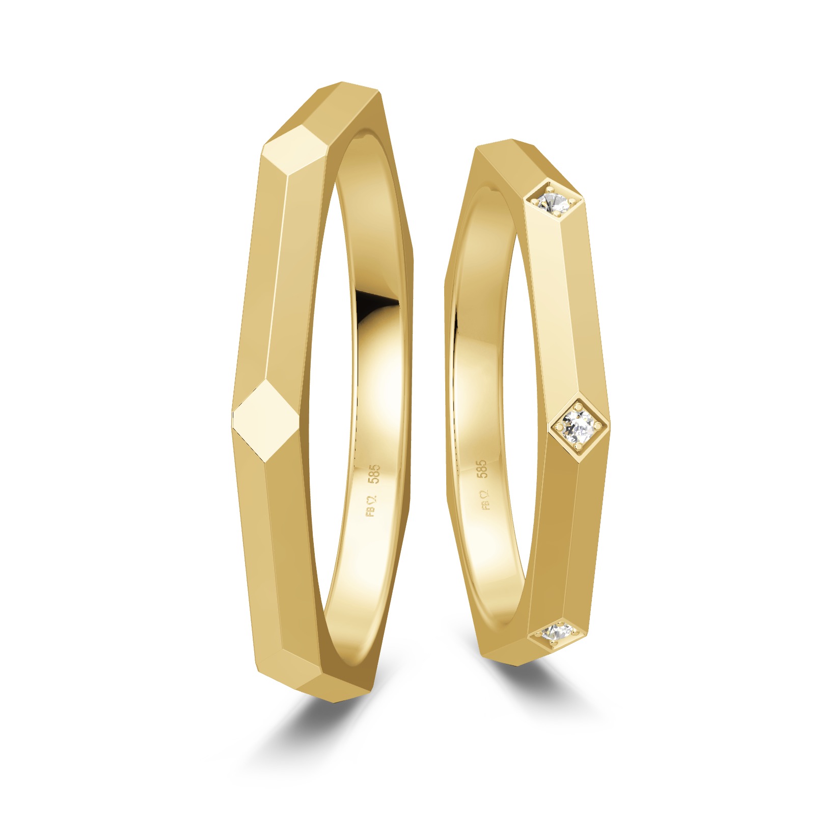 Moderne siebeneckige Gelbgold Eheringe geschmückt mit 3 weißen Diamanten
