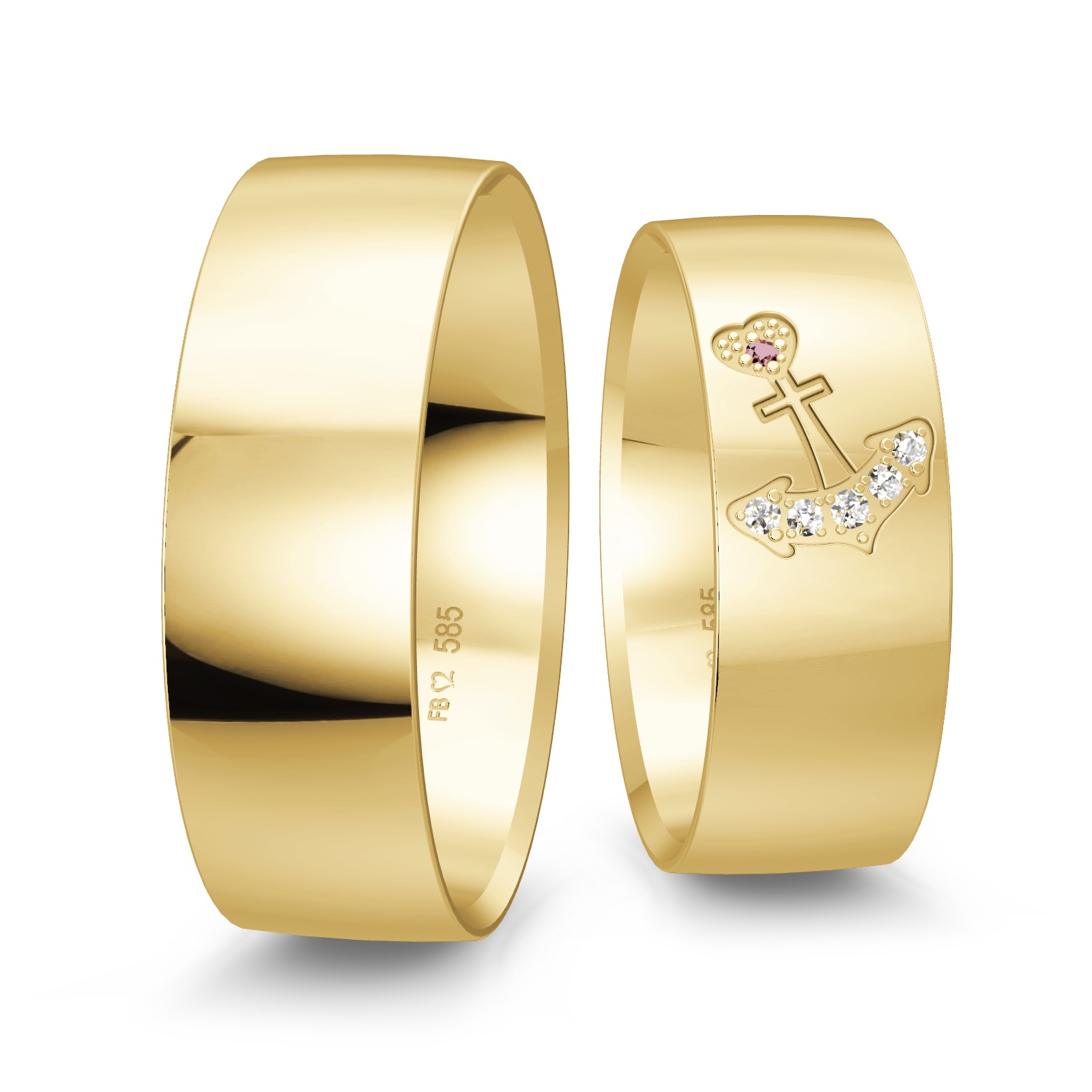 Eheringe in Gelbgold mit Diamanten und Ankermuster 
