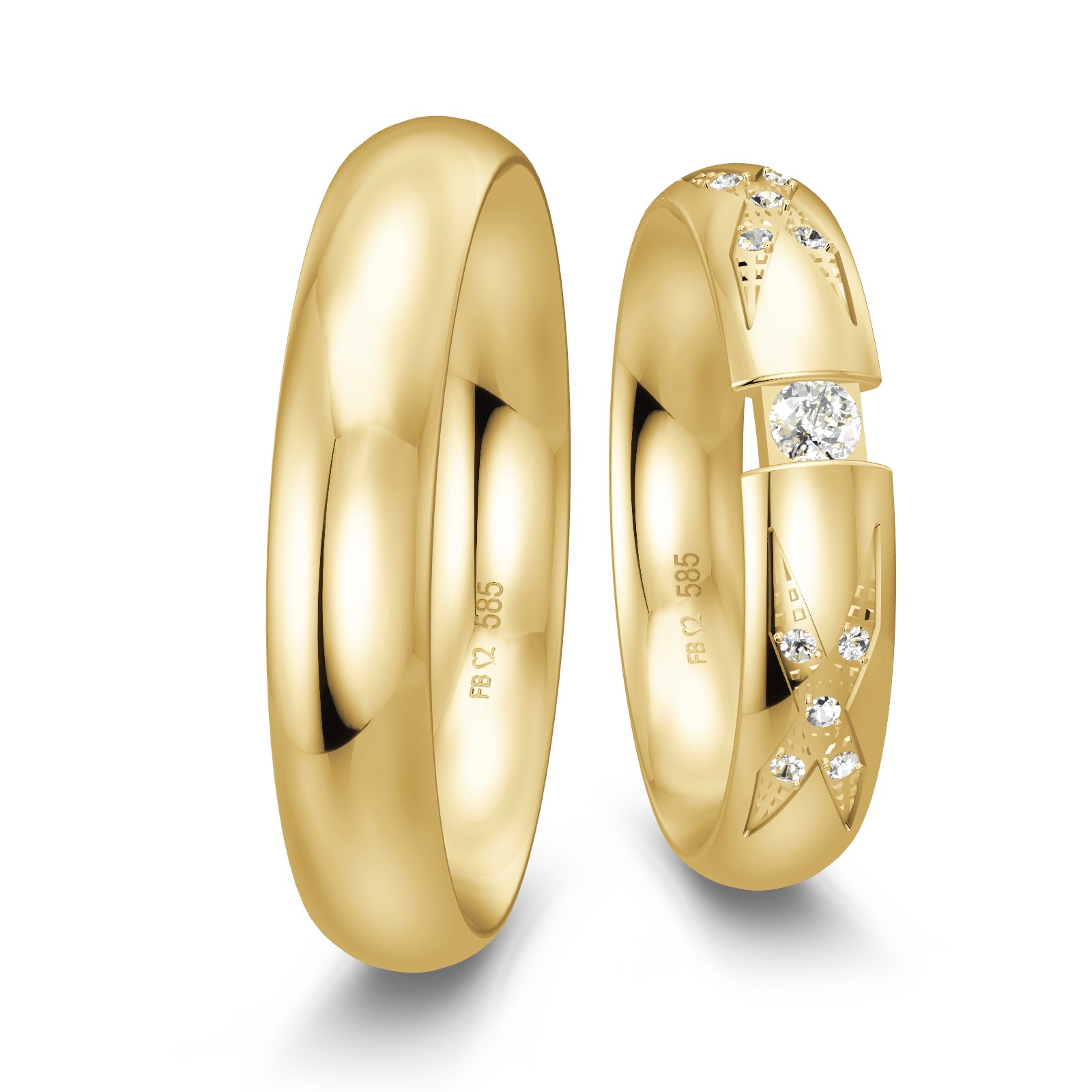 Eheringe aus poliertem Gelbgold mit großem Diamanten in Spannfassung und mehreren kleinen Diamanten