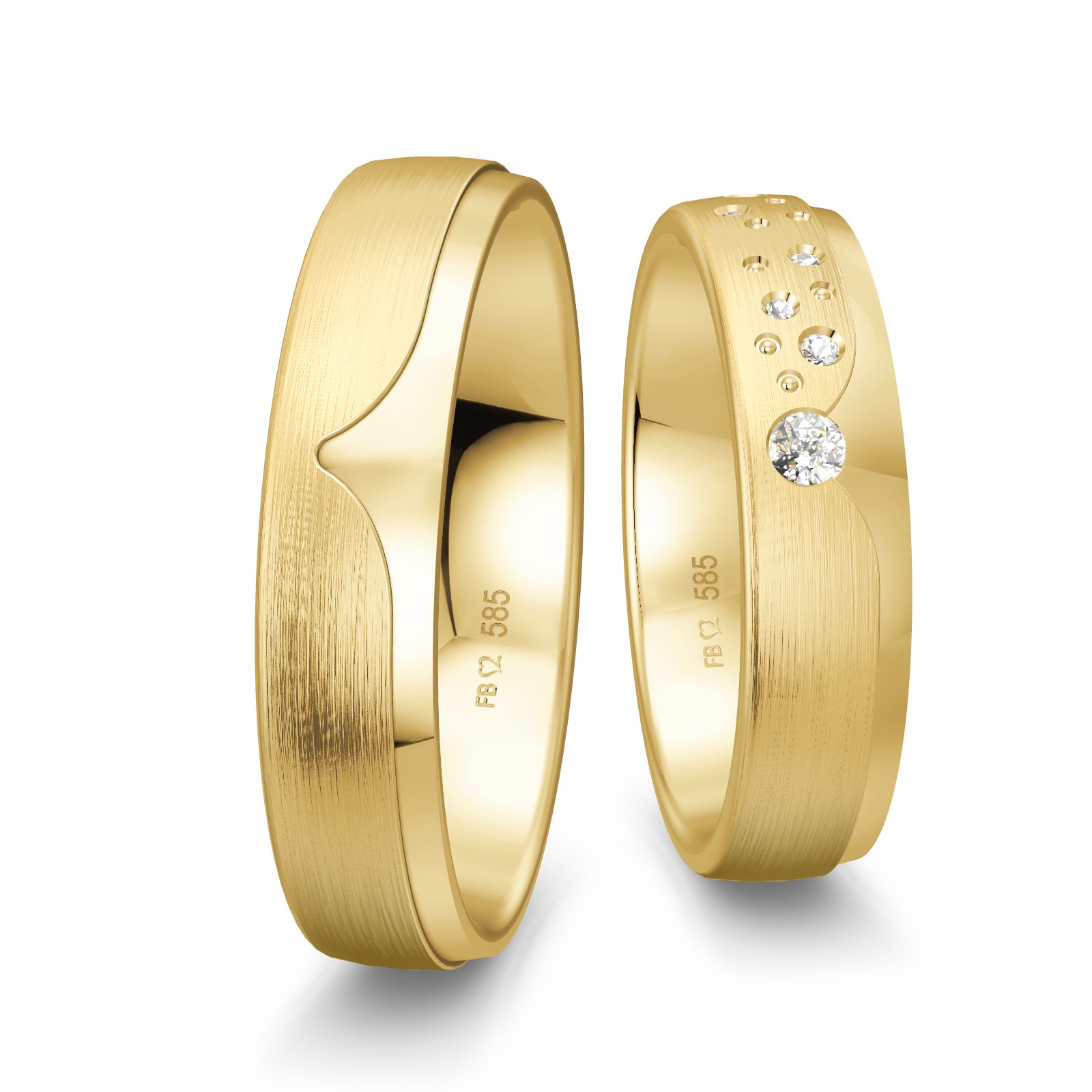 Eheringe mattiert in Gelbgold mit diamantbesetztem Sternenhimmel-Design  