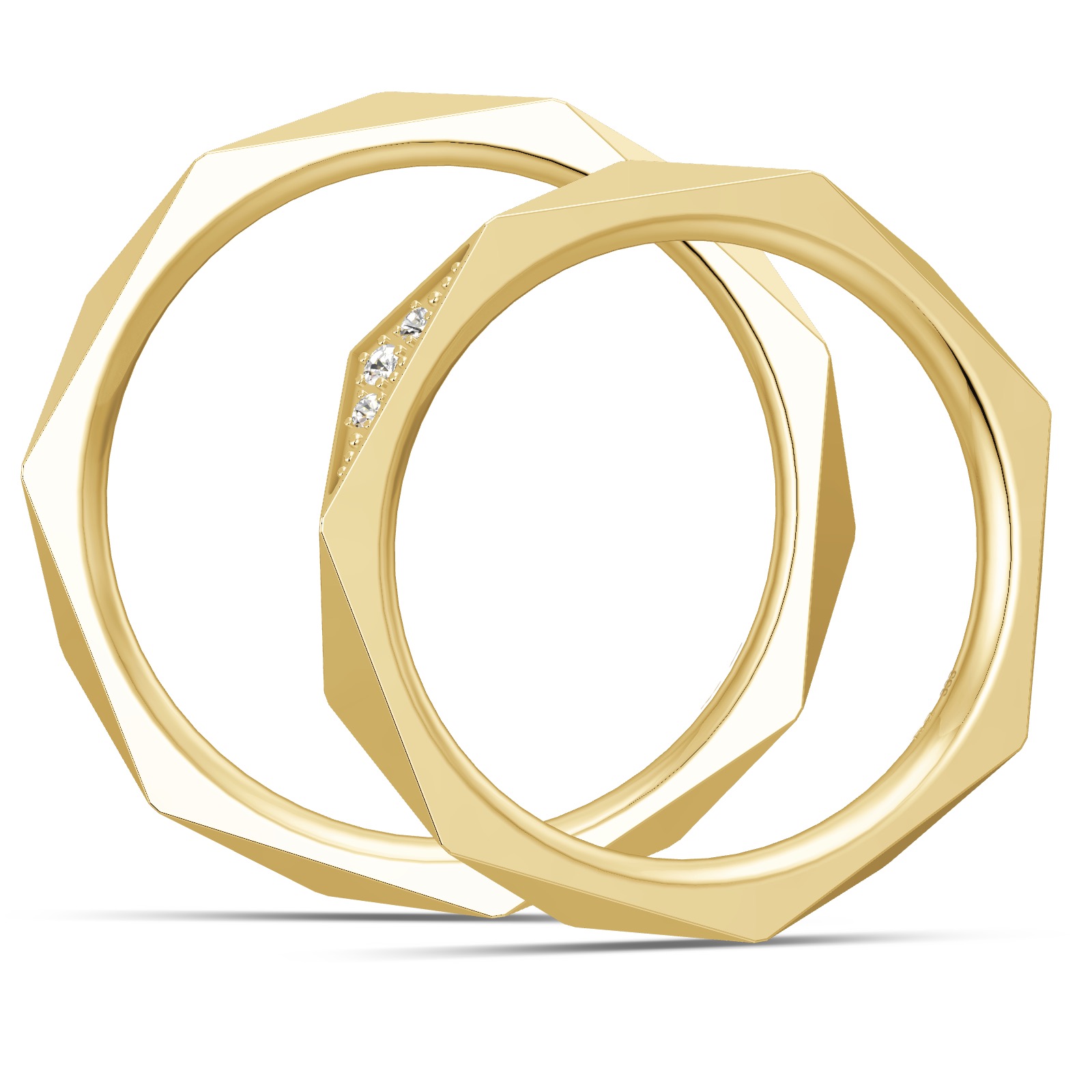 Gelbgold Eheringe mit besonders markantem eckigen Design und 3 Diamanten 