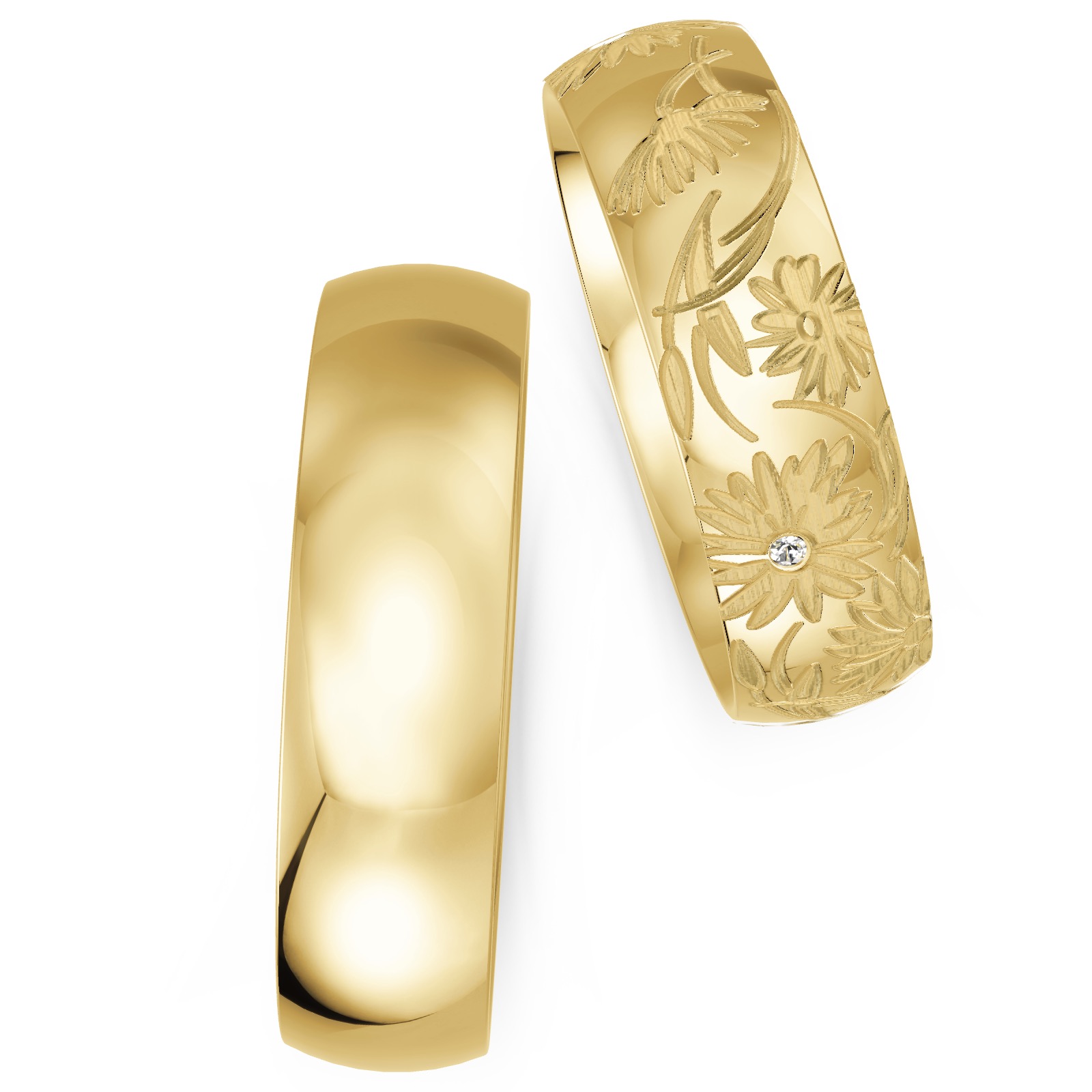 Gelbgold Trauringe mit floralem Dekor und vier zarten Diamanten 