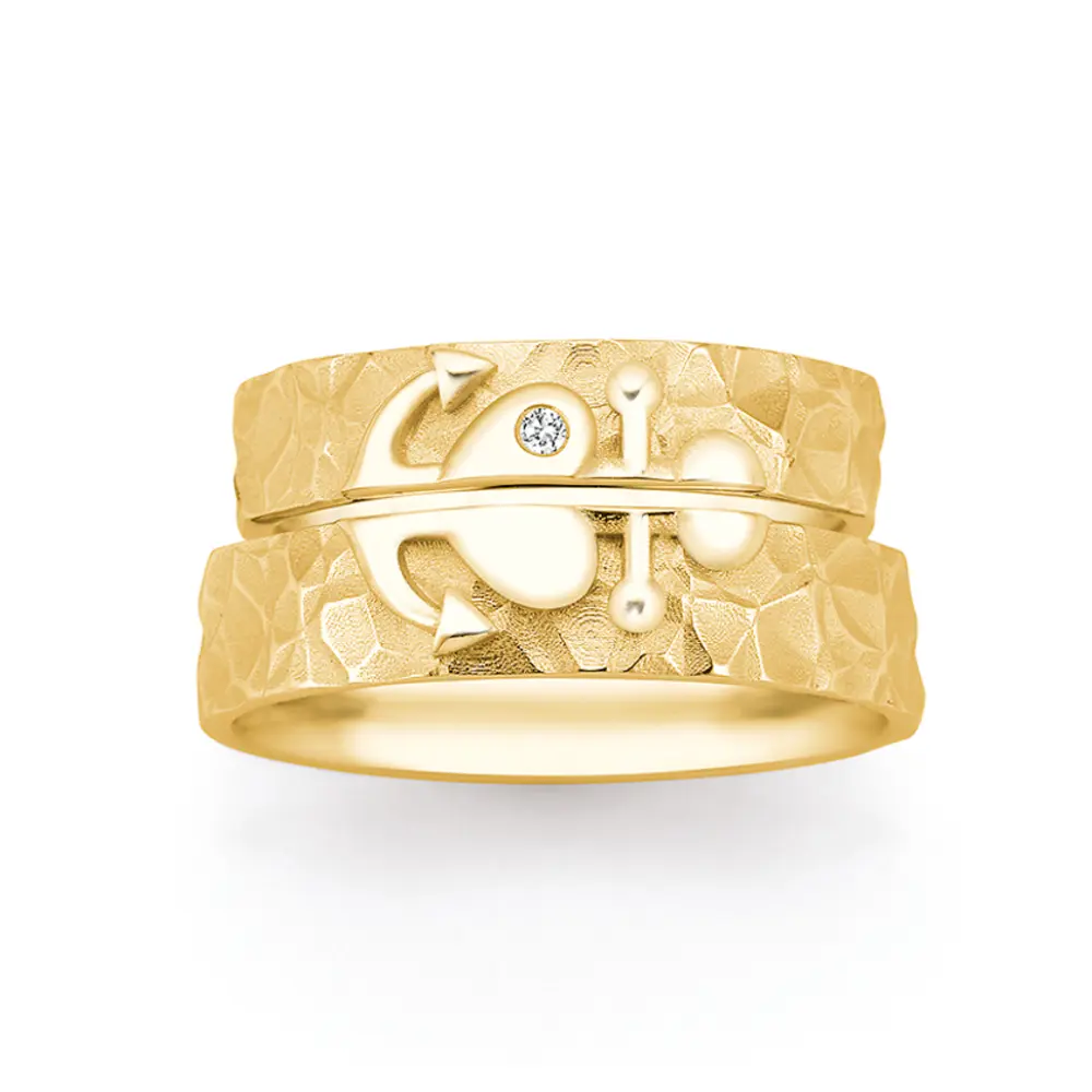 Eheringe aus Gelbgold mit Symbol für Glaube Liebe Hoffnung und Brillant 