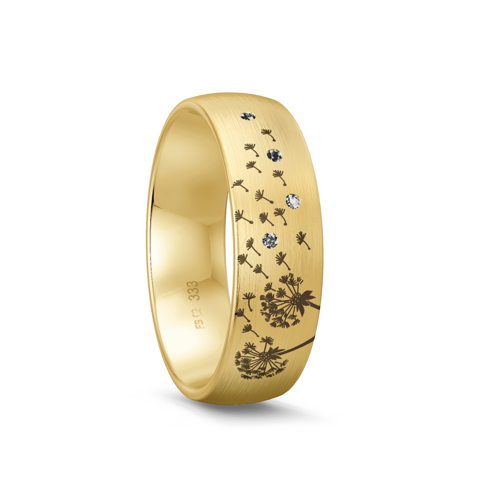 Gelbgoldener Antragsring mit graviertem Pusteblumenmuster und Diamanten
