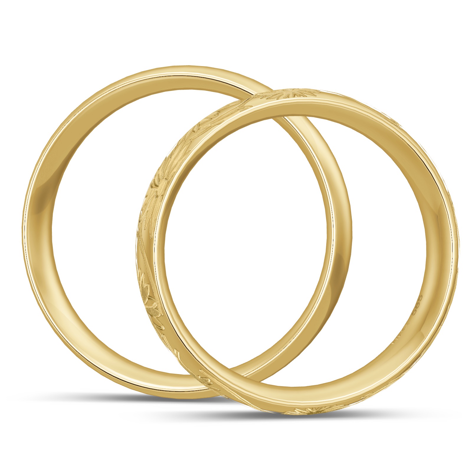 Gelbgold Trauringe mit floralem Dekor und vier zarten Diamanten 
