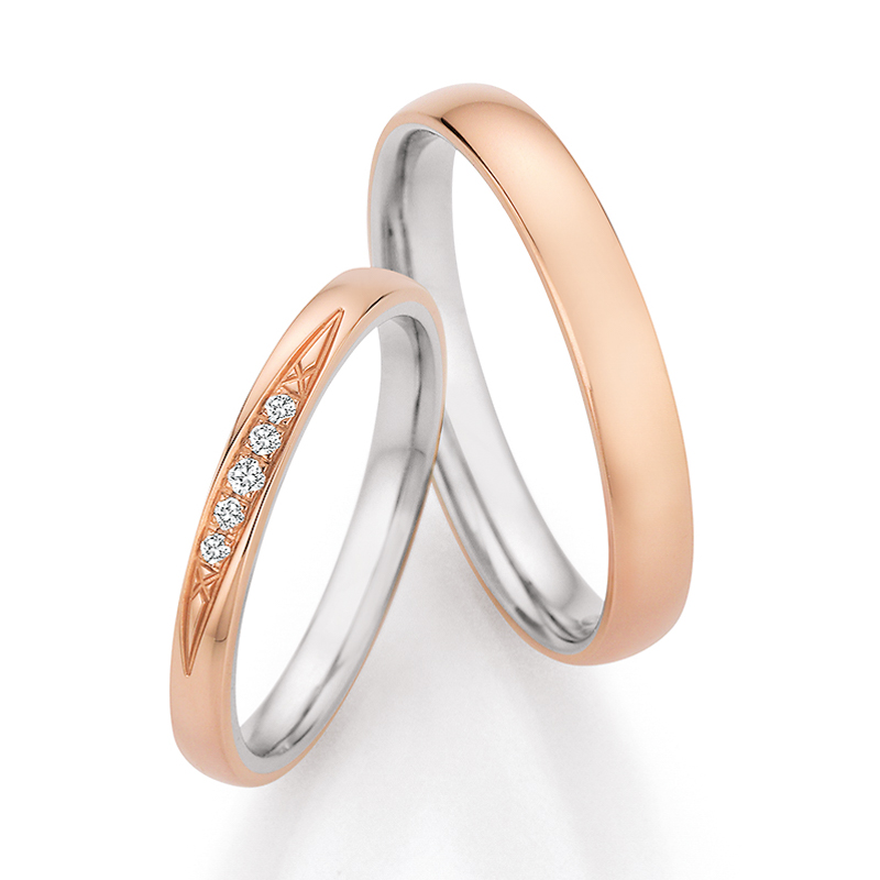 Eheringe aus 585 Rotgold & Platin mit 5 Diamanten in diagonaler Rille 9406