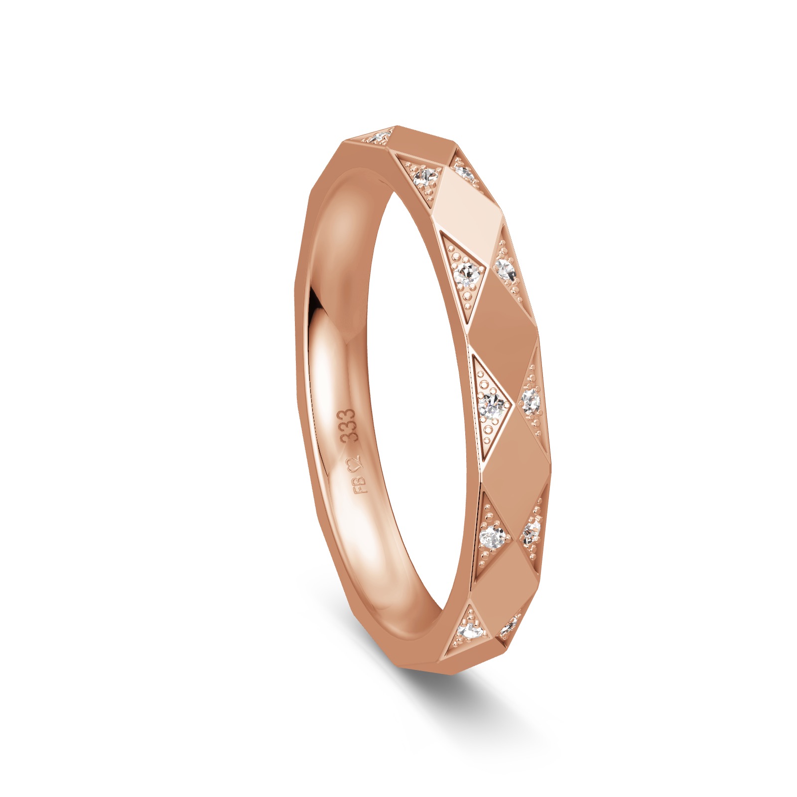 Roségold Ehering mit eckig designter Struktur und 12 Brillianten