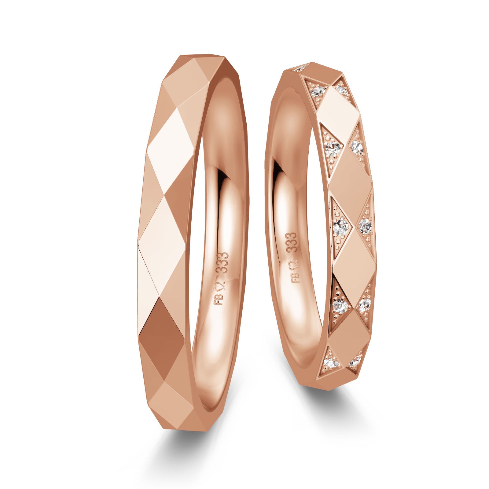 Roségold Eheringe mit eckig designter Struktur und 12 Brillianten