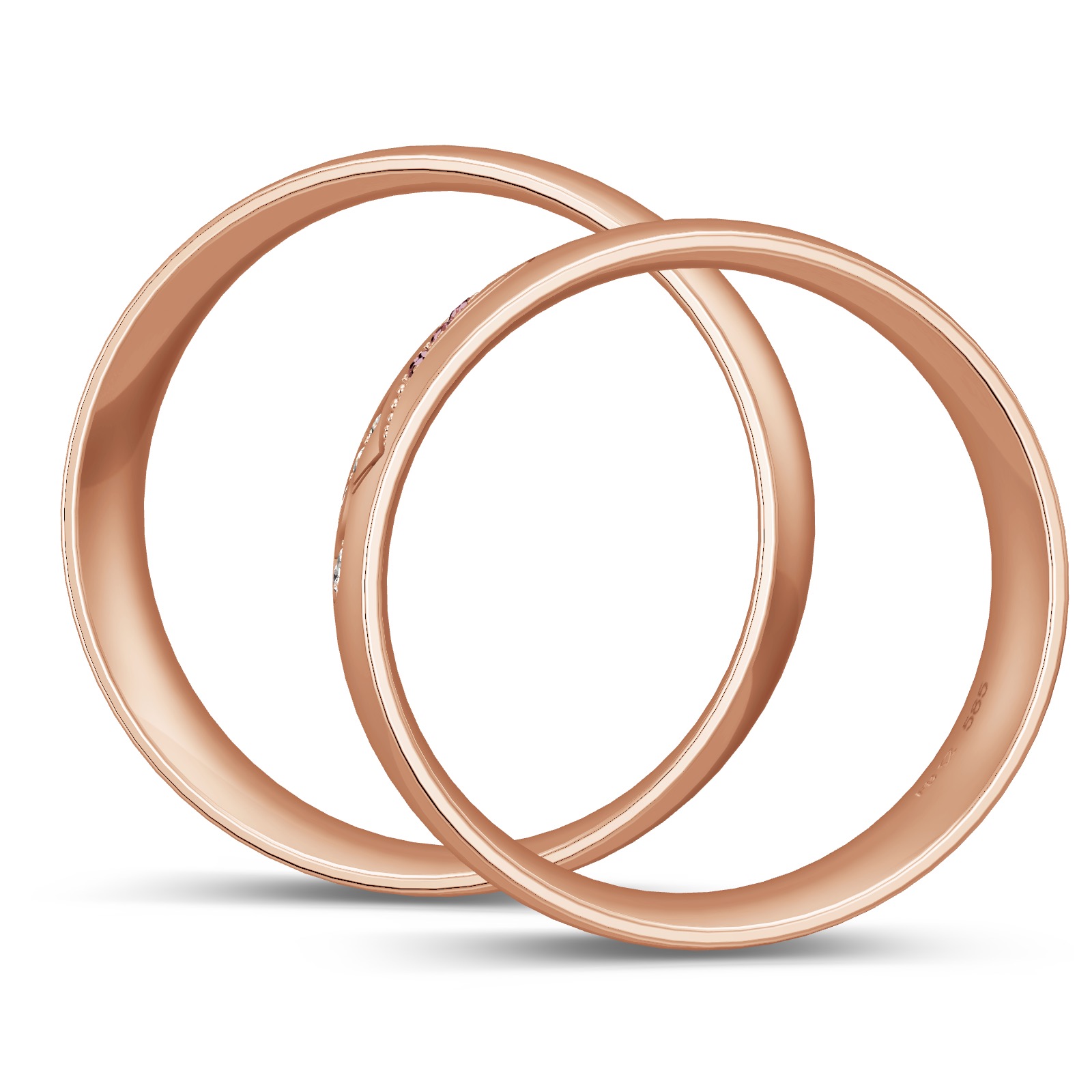 Eheringe in Roségold mit Diamanten in rot und weiß als Herzmuster 