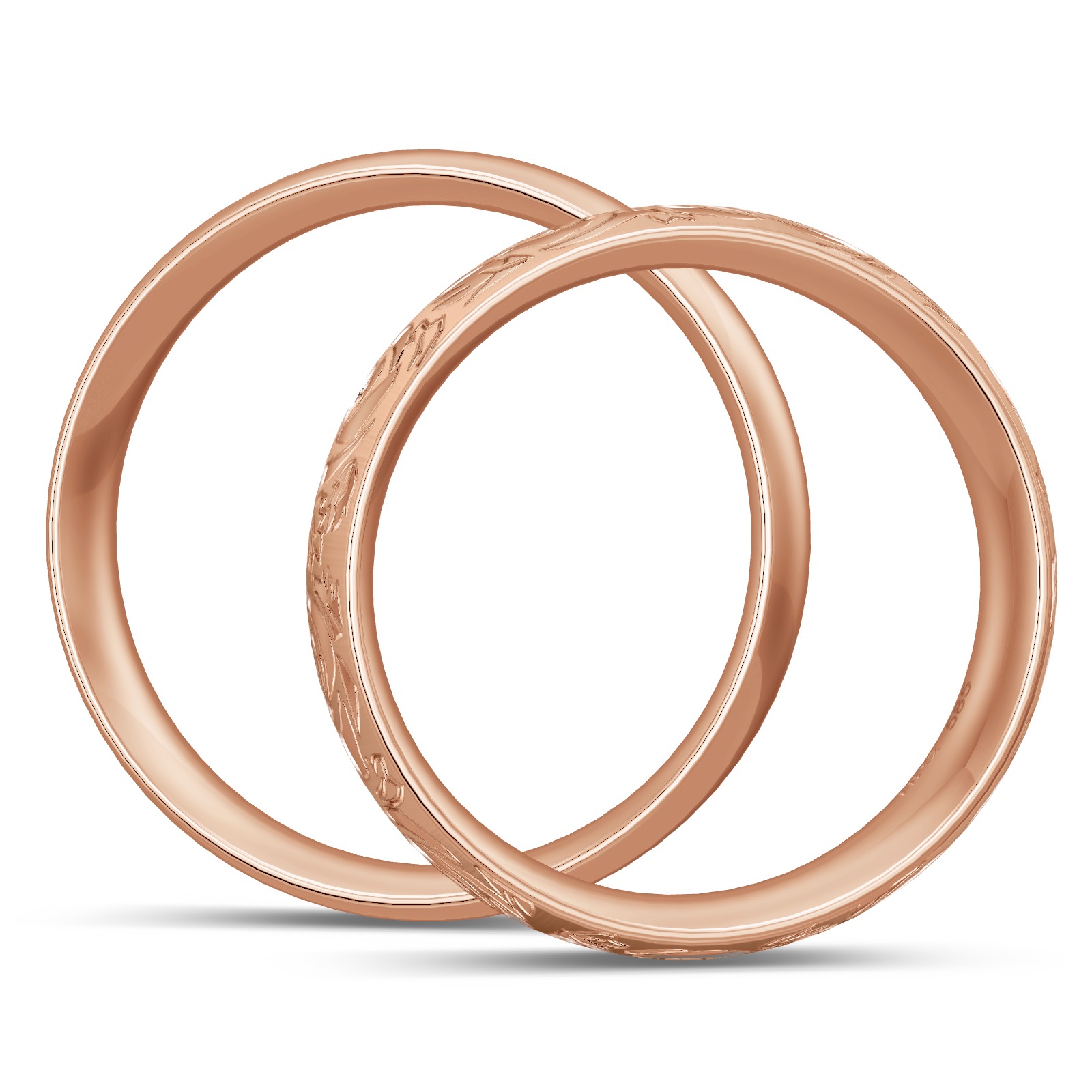 Roségold Trauringe mit Rosenmuster als Dekor und zartem Diamanten 