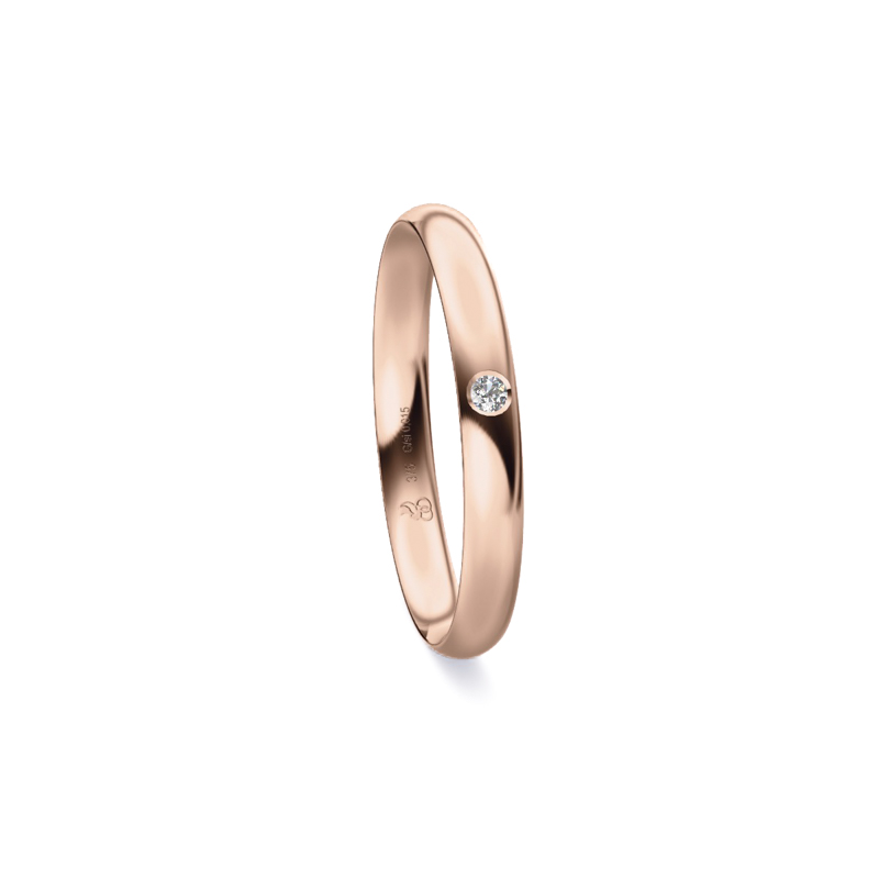 Ehering aus Roségold mit glänzender Polierung und einem Diamanten 9250