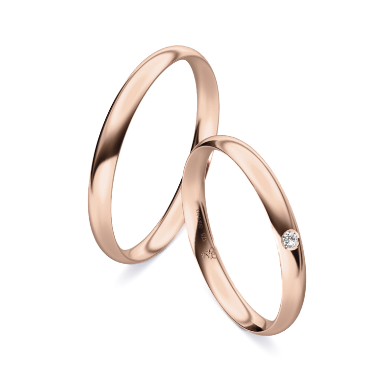 Eheringe aus Roségold mit glänzender Polierung und einem Diamanten 9250