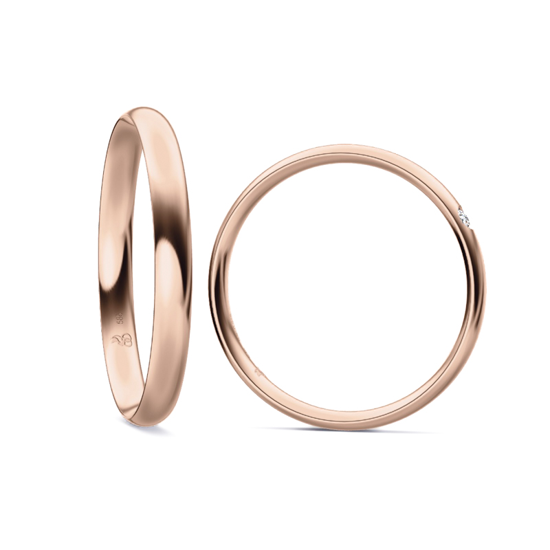 Eheringe aus Roségold mit glänzender Polierung und einem Diamanten 9250