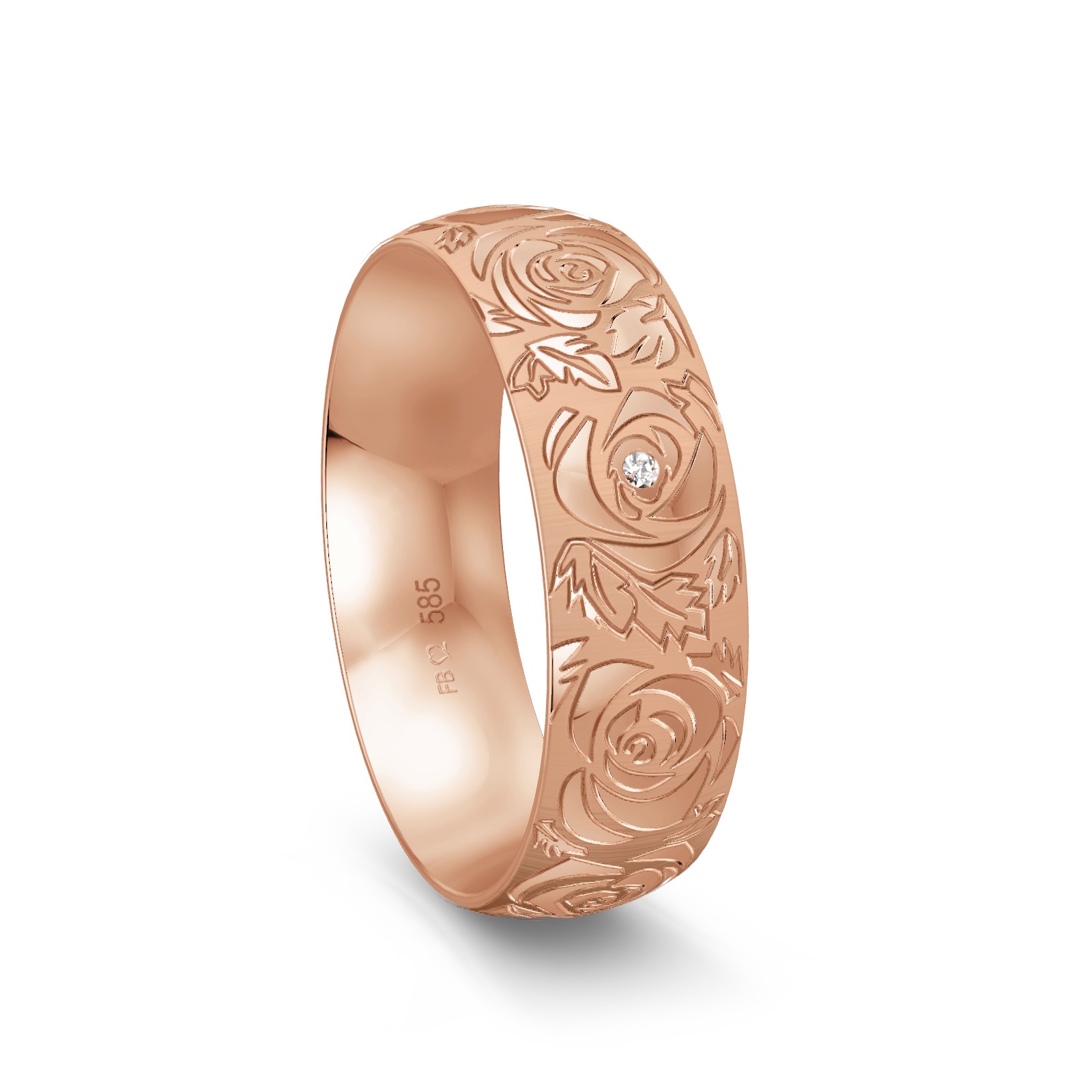 Rotgold Antragsring mit Rosenmuster als Dekor und einem Diamanten
