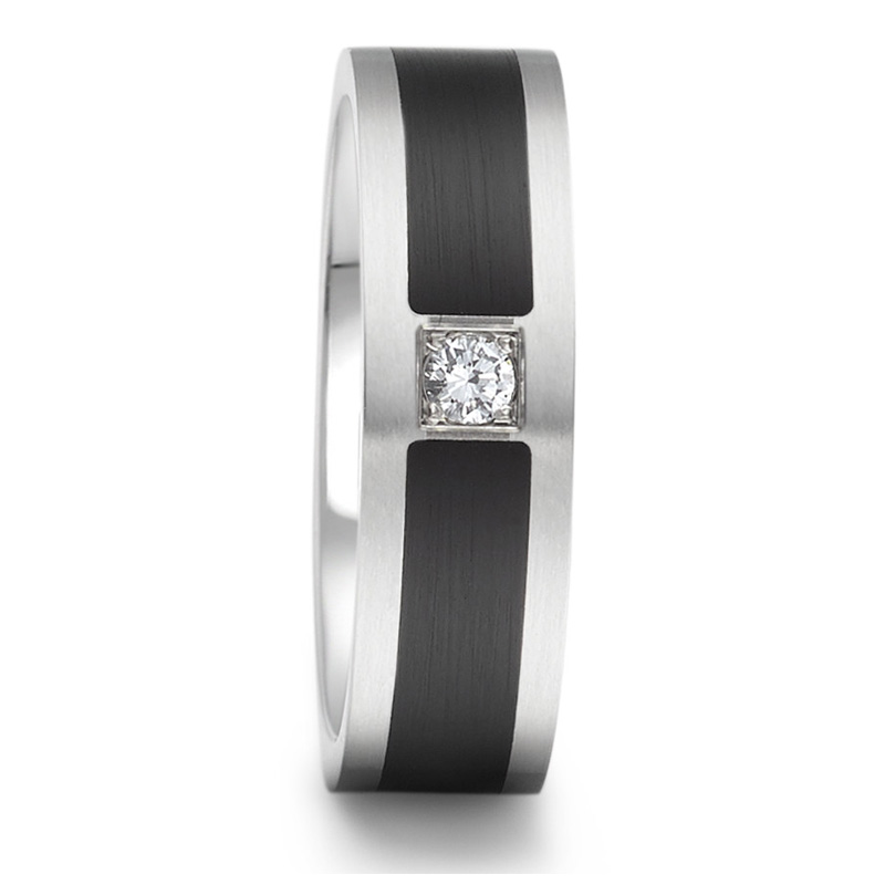 Nickelfreie Eheringe aus Edelstahl mit Streifen aus Hightech Keramik und Diamanten EdE1003