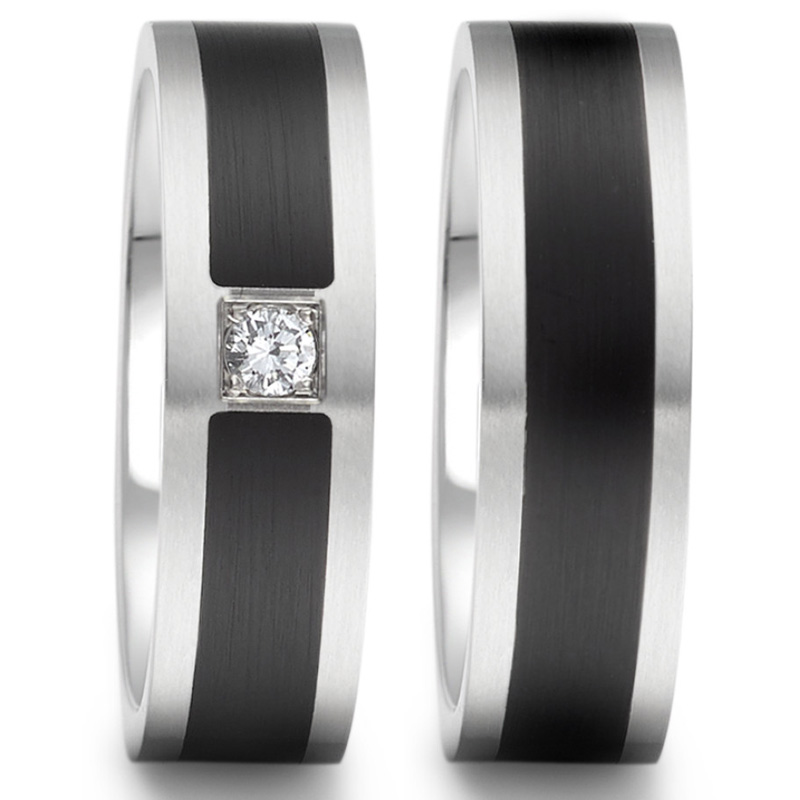 Nickelfreie Eheringe aus Edelstahl mit Streifen aus Hightech Keramik und Diamanten EdE1003