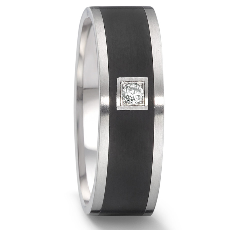Nickelfreie Eheringe aus Edelstahl mit Streifen aus Hightech Keramik und Diamanten EdE1004