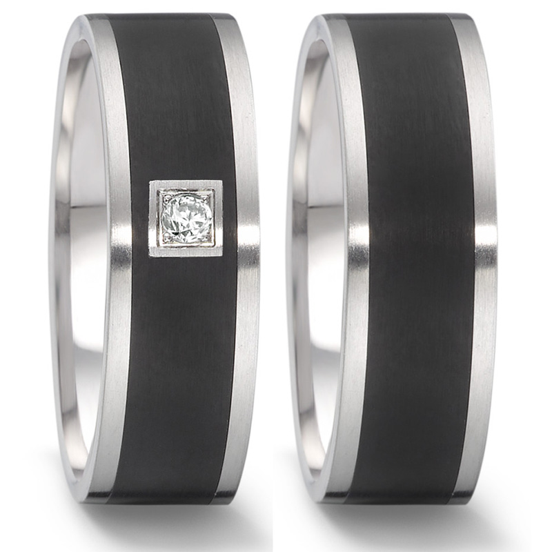 Nickelfreie Eheringe aus Edelstahl mit Streifen aus Hightech Keramik und Diamanten EdE1004