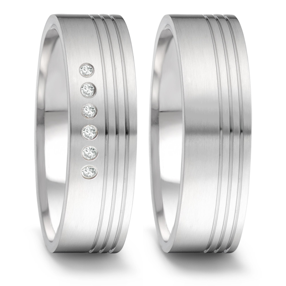 Flach designte Eheringe aus Edelstahl mit Diamanten und polierten Rillen 5551025