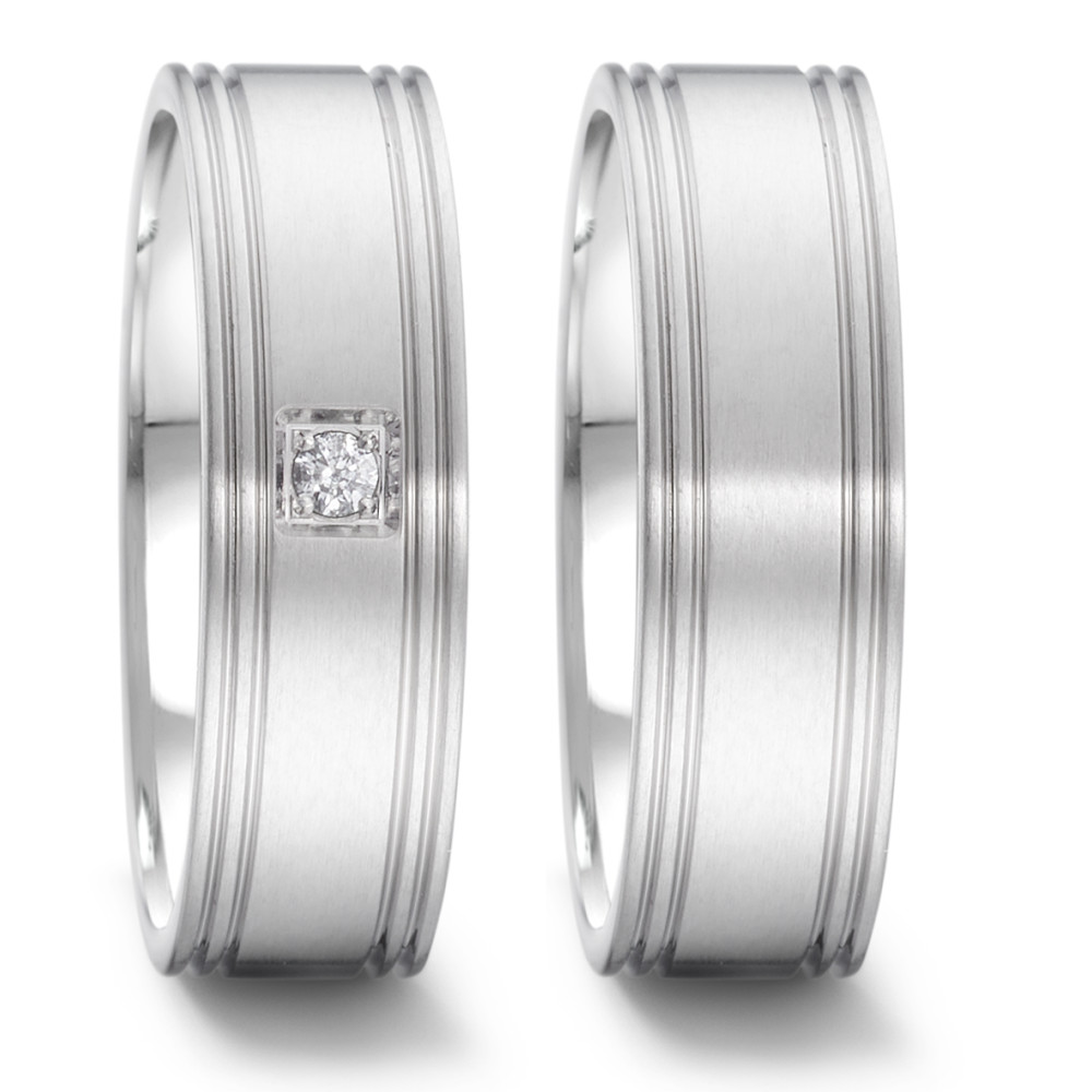 Moderne Eheringe aus Edelstahl mit Diamanten in quadratischer Umrandung 5551032