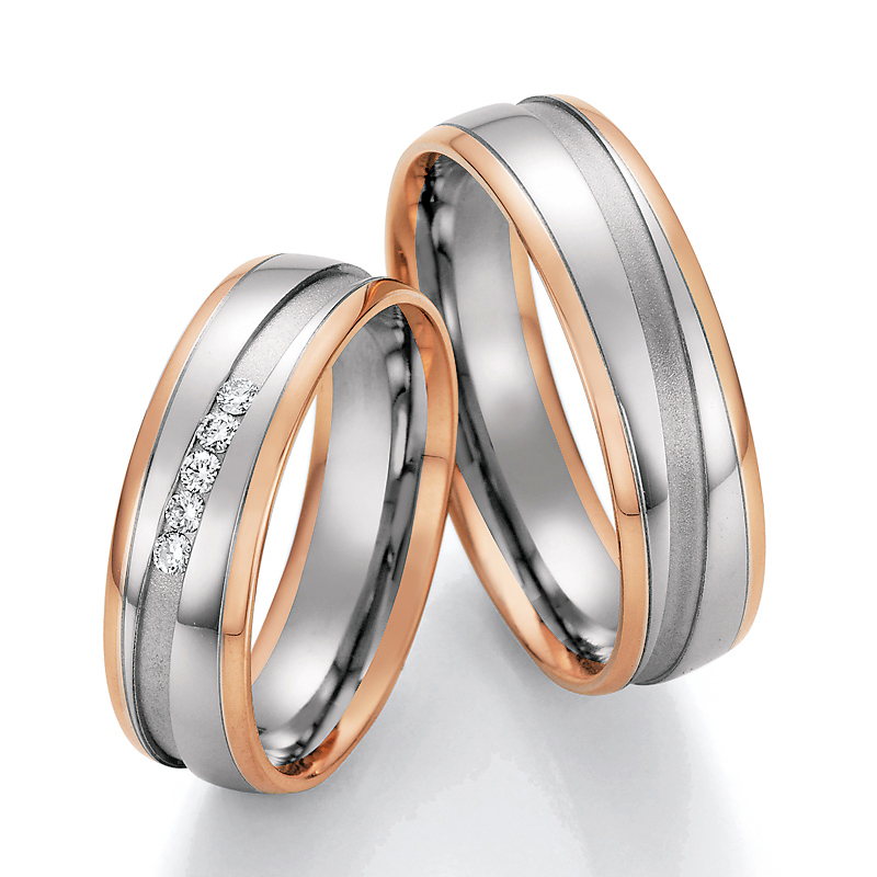 Zweifarbige Eheringe aus Palladium 500 und Roségold mit fünf Diamanten und poliertem Streifen 356003
