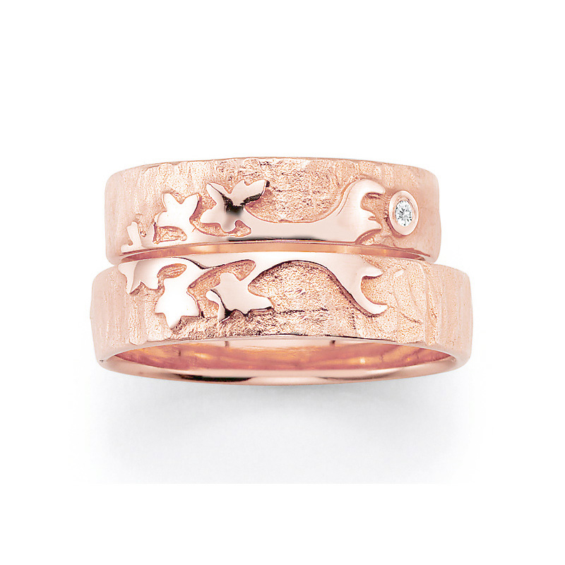 Einmalige Roségold Eheringe mit ringübergreifendem Baum Muster 4560005