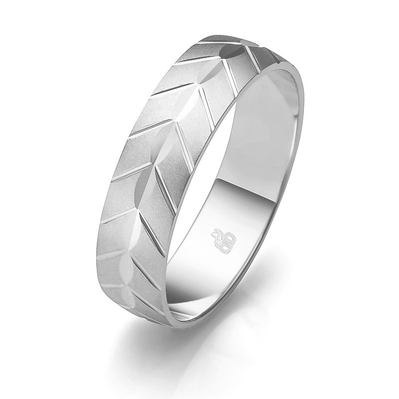 Trauring aus Weißgold mit Kerben-Ornament und Sandmattierung