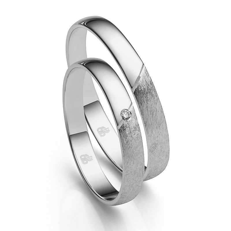Platin Eheringe mit Diamanten und halbpolierter halbeismatter Oberflächen