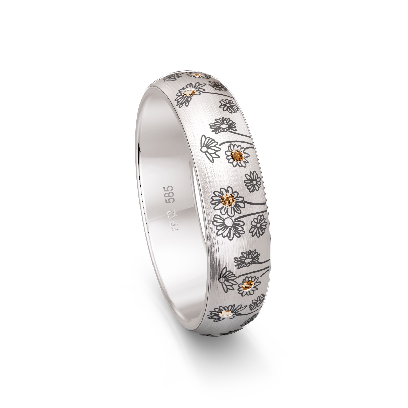 Weißgold Trauring mit Blumenmuster als Dekor und vierzehn Diamanten 