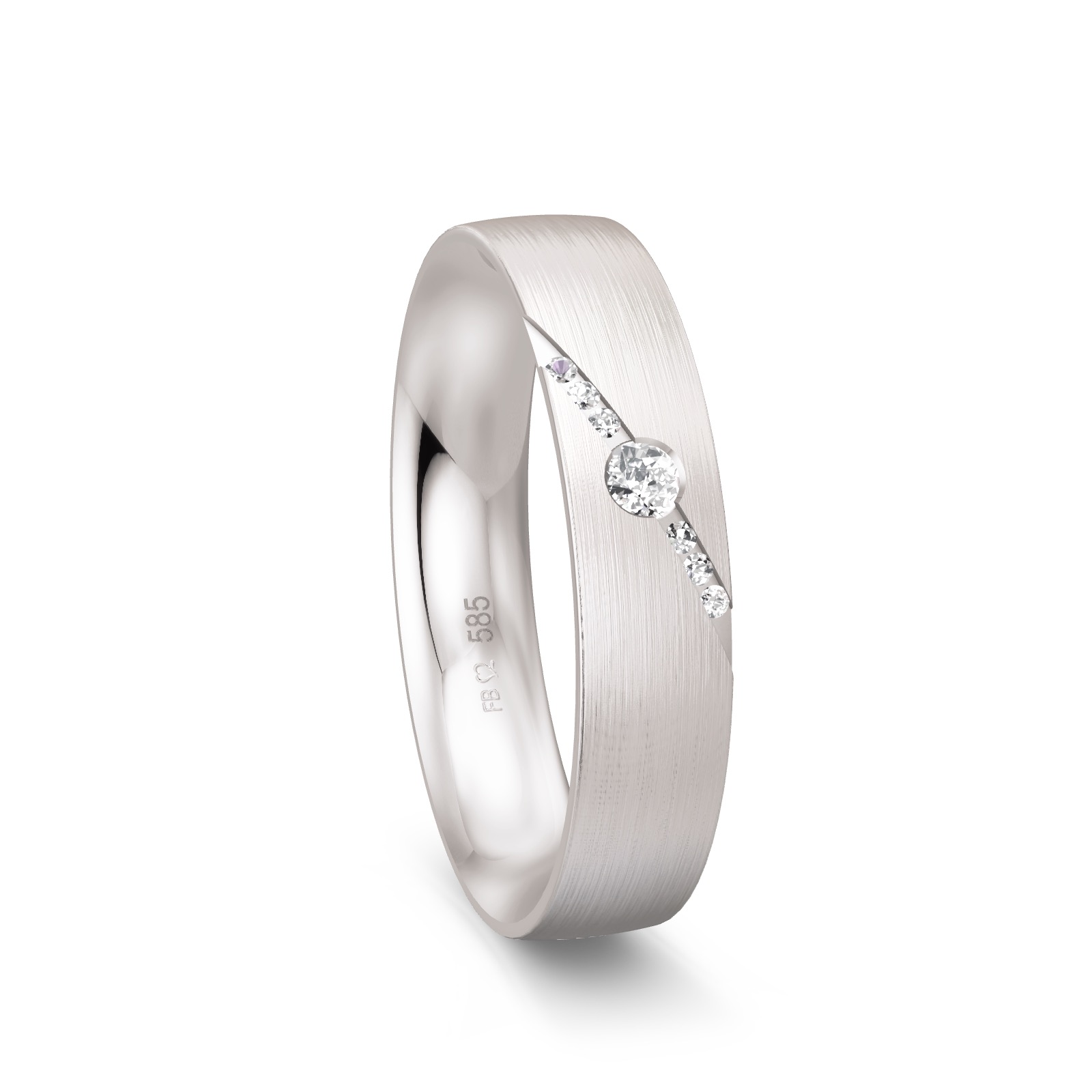 Ehering in Weißgold mit Diamanten in diagonal verlaufender Rille  